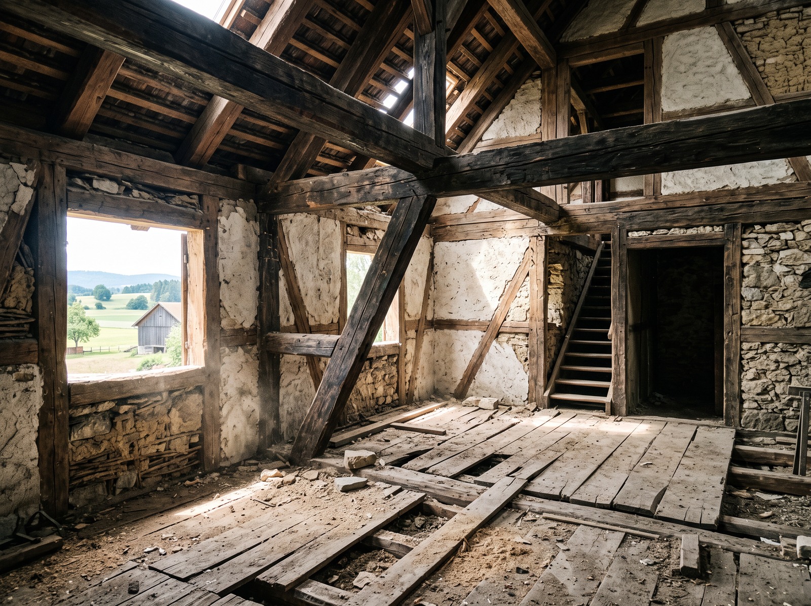 Entkernter Dachraum eines alten Bauernhauses mit freigelegtem Eichengebälk
