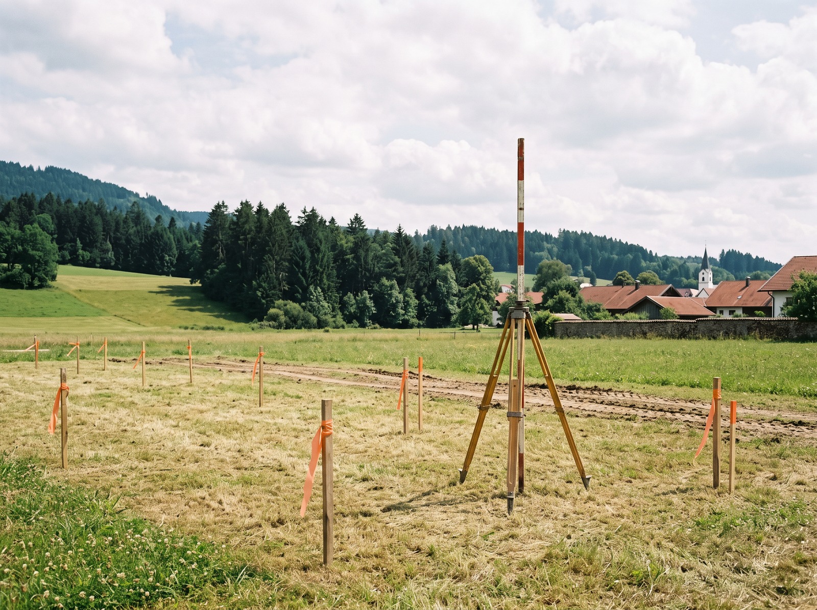 Unbebautes Grundstück mit abgesteckten Pfählen und einem Vermessungsstativ, dahinter Wiesen und bewaldete Hügel