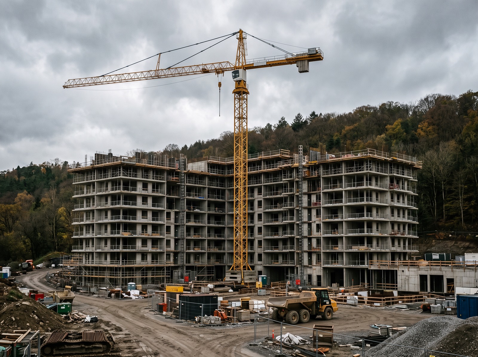 Turmdrehkran über dem Rohbau eines mehrgeschossigen Wohngebäudes