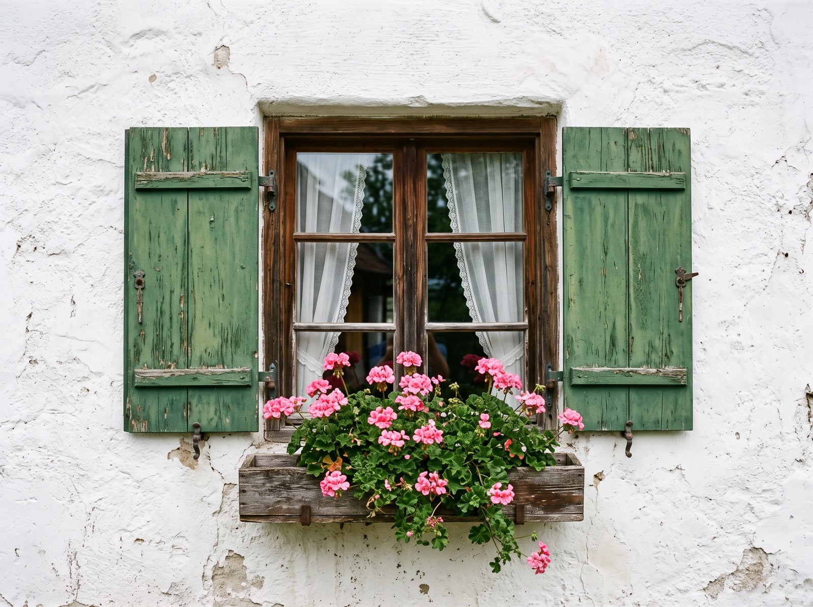 Fenster eines weiß verputzten Bauernhauses mit grünen Fensterläden und einem blühenden Blumenkasten
